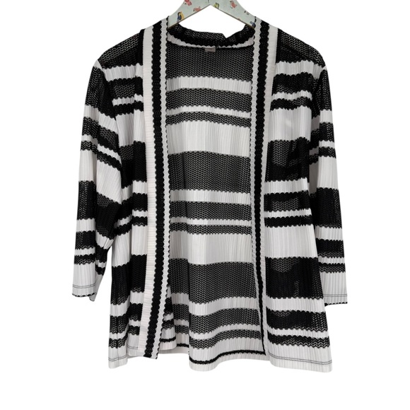 Easywear by Chico's size Chico’s 3 Stripe Lace‎ Open Cardigan Top black white - Picture 1 of 6